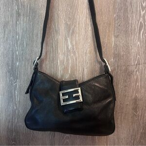 Vintage Black Leather Shoulder Bag with Silver Buckle
